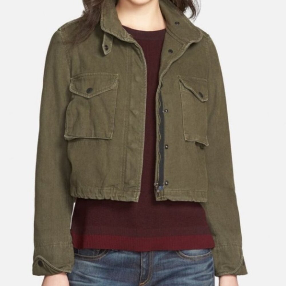 Rag and Bone Cropped Military Jacket in Olive Green Denim